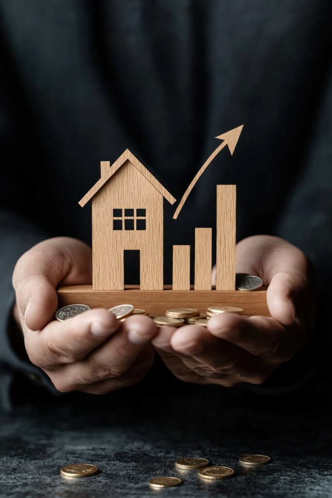 Business person holds model of house, graph showing real estate growth. Hands hold wooden house, bar graph representing property investment. Coins symbolize investment value. Person in suit shows